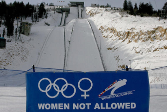 Ski jump with sign saying women not alowed